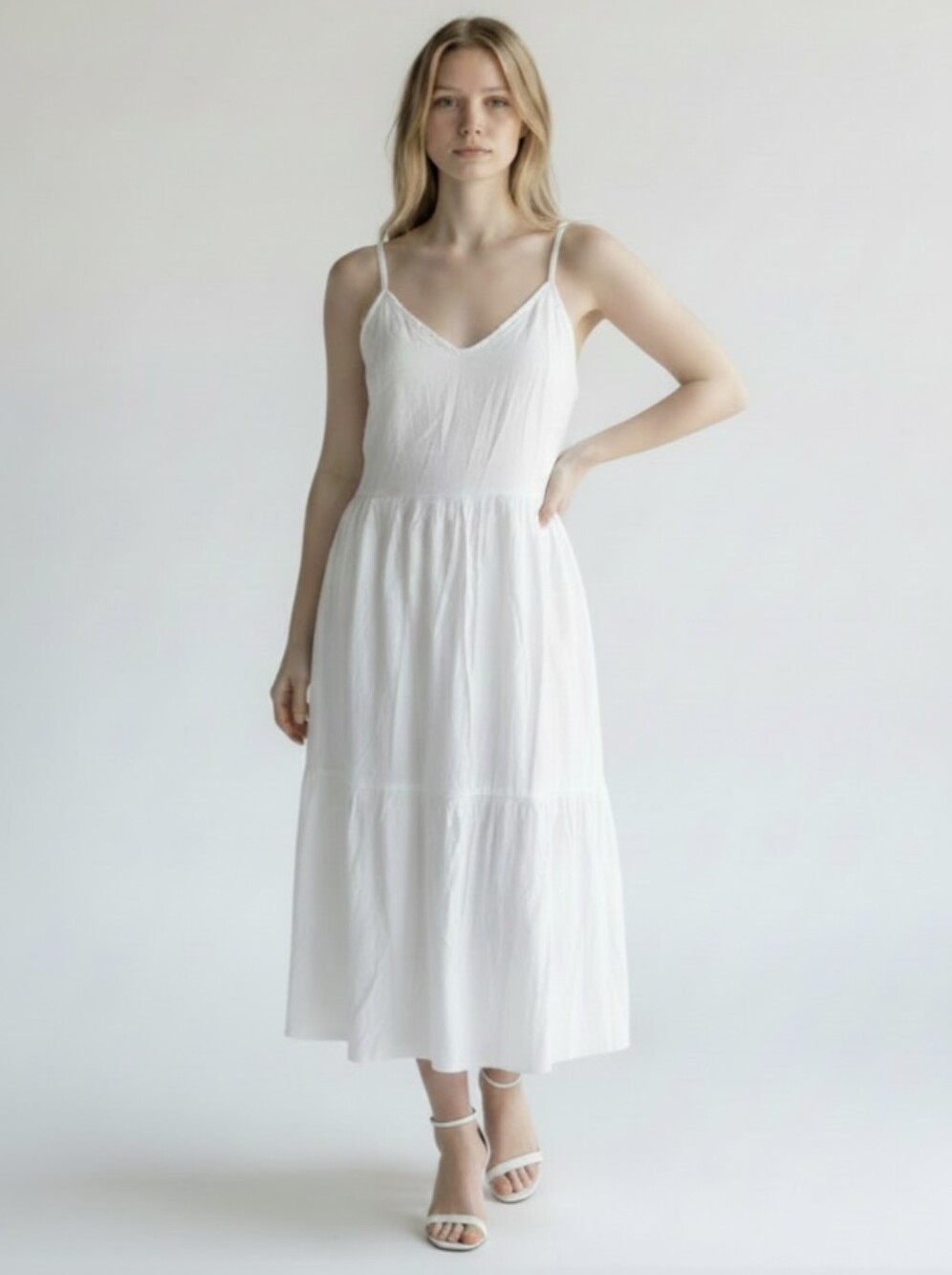 OLD NAVY! PUREST WHITE COTTON CAMI TOP, TIERED SKIRT SLEEVELESS LONG DRESS! SZ M